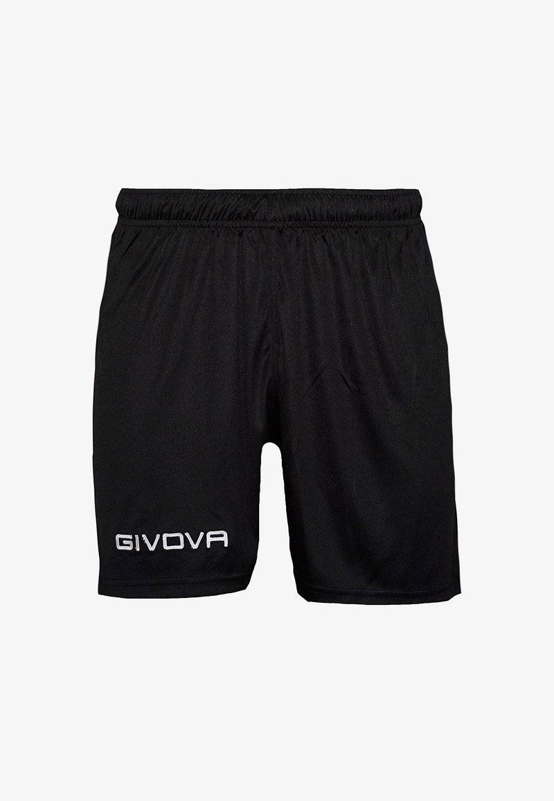 Čierne športové šortky s elastickým pásom, vyrobené z ľahkej tkaniny, so zostavou loga "GIVOVA" v bielom stehu na ľavej strane.