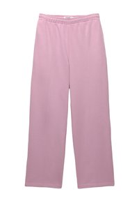 Volnější tepláky v měkké pastelově růžové tkanině, s elastickým pasem, bočními švy a širokými nohavicemi pro pohodlí.