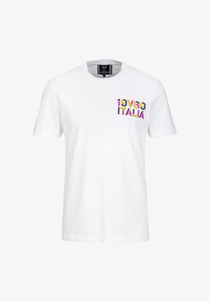 Wit T-shirt met korte mouwen en ronde hals, met kleurrijke tekst "19V69 ITALIA" op de linker bovenborst.