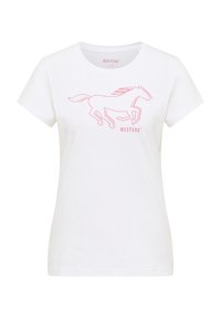 White cotton t-shirt featuring a pink outline of a running horse and "MUSTANG" logo below. Round neck and short sleeves. Soft texture.