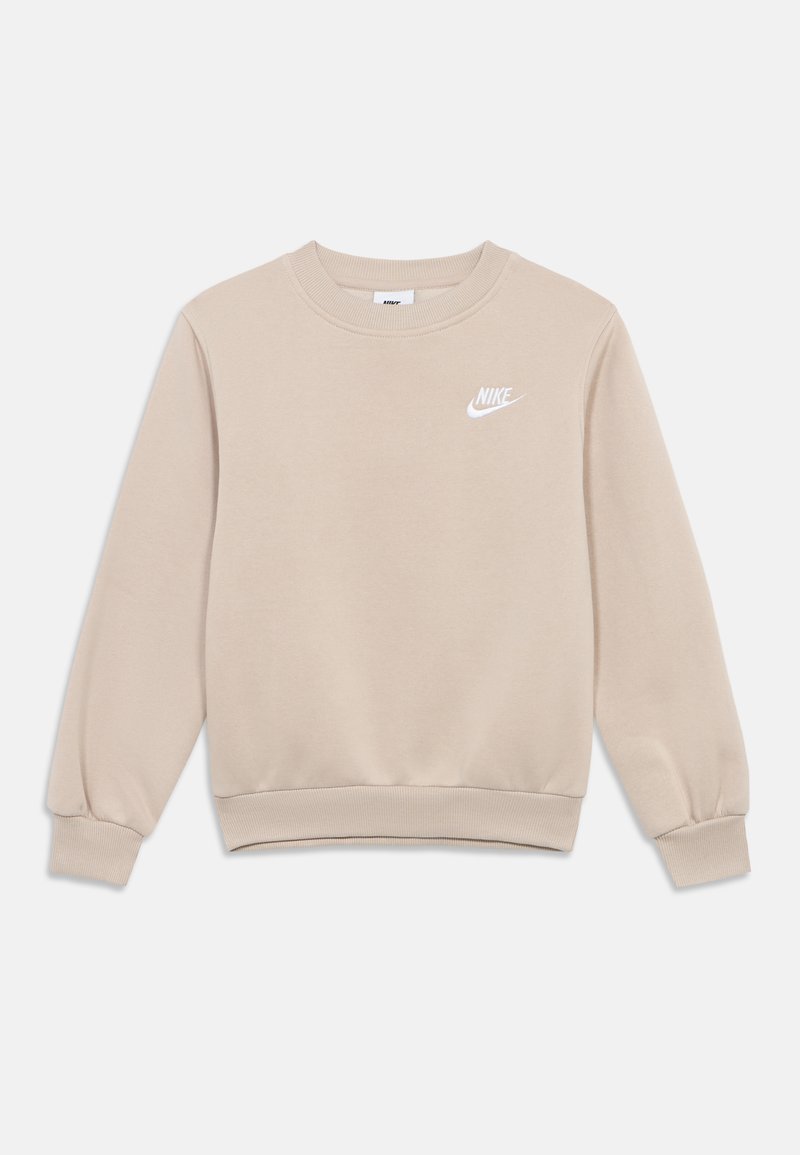 Világos bézs pulóver, pamut keverék, bordázott nyakkivágás és mandzsetta, fehér Nike logóval a bal mellrészen, laza szabású, szegéllyel ellátva.