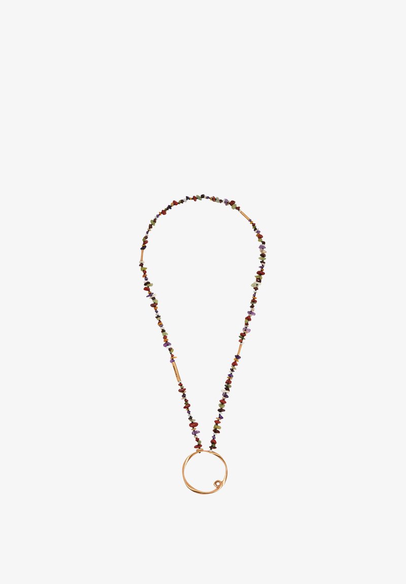 Necklace with multicolored small stone beads and a large circular gold wire pendant with a spiral detail at the bottom.
