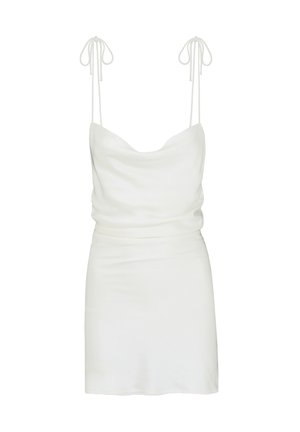 Witte mouwloze mini jurk met gedrapeerde halslijn en dunne verstelbare strikbandjes, met een getailleerde taille en gladde stof.