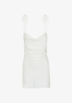 Witte mouwloze mini jurk met gedrapeerde halslijn en dunne verstelbare strikbandjes, met een getailleerde taille en gladde stof.