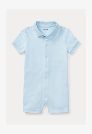 Tutina polo a maniche corte azzurro chiaro in morbido cotone, con collo, chiusura frontale con bottoni e logo ricamato.