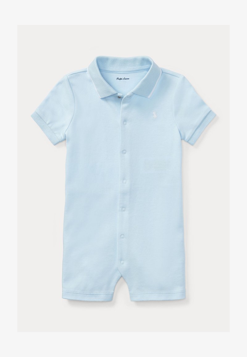 Φωτεινό μπλε κοντομάνικο παιδικό ολόσωμο φορμάκι από απαλό βαμβάκι, με γιακά, κούμπωμα με κουμπιά μπροστά και κεντητό λογότυπο.