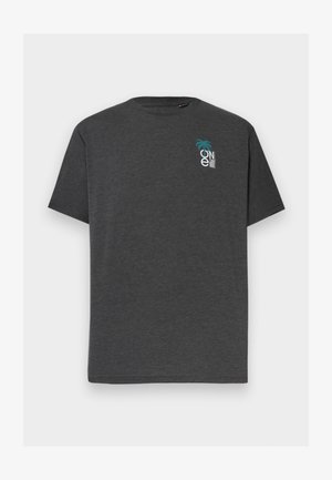 T-shirt gris foncé à manches courtes avec un petit palmier turquoise et le logo "O'Neill" blanc sur le haut à gauche de la poitrine.