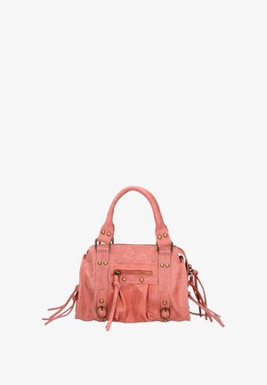 Piccola borsa in suede rosa con due manici corti, tasca anteriore con zip, dettagli metallici e frange sui lati.