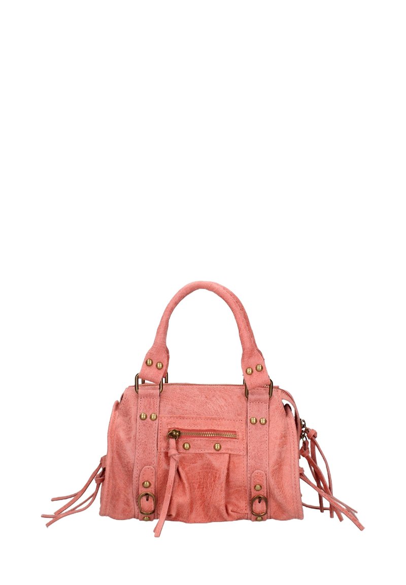 Piccola borsa in suede rosa con due manici corti, tasca anteriore con zip, dettagli metallici e frange sui lati.