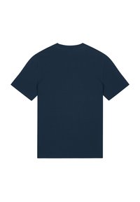 T-shirt à manches courtes bleu marine en coton, avec un col rond et une texture lisse et unie, sans motifs ni logos visibles.