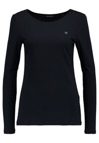 Zwarte katoenen blouse met lange mouwen en een ronde halslijn, voorzien van een klein logo op de linkerborst. Soepele textuur en aangesloten ontwerp.