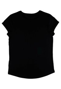 T-shirt noir à manches courtes avec un col rond et un ourlet légèrement incurvé. Fabriqué en tissu doux avec une texture lisse.