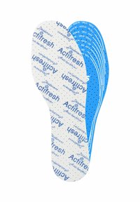 Plantillas ortopédicas en azul y blanco con una superficie perforada y texto que dice "Actifresh". Poseen una textura suave y una forma ergonómica diseñada para mayor comodidad.
