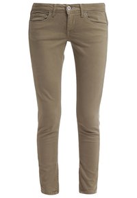 Kaki skinny jeans i bomullsblandning, med dragkedja och knappstängning, två framfickor och subtila sömnadsdetaljer.