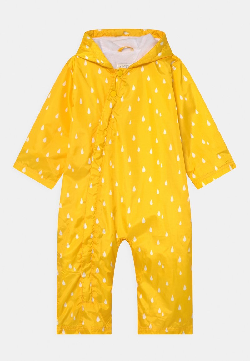 Combinaison de pluie jaune à capuche pour bébé, avec motif gouttes de pluie blanches et fermetures pression latérales pour un habillage facile.
