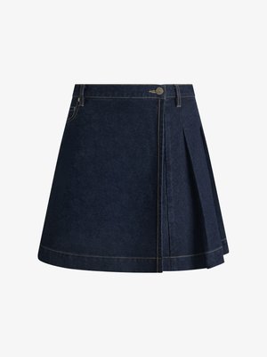 Jeansowa spódnica w ciemnoniebieskim kolorze z plisowanym wzorem, widocznymi szwami i zapięciem na guzik w talii. Posiada klasyczny krój w literę A.