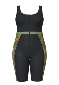 Sort ærmeløs badedragt med lynlås foran og grønne, orange og gule camouflage-paneler på siderne samt bånddetalje i taljen.