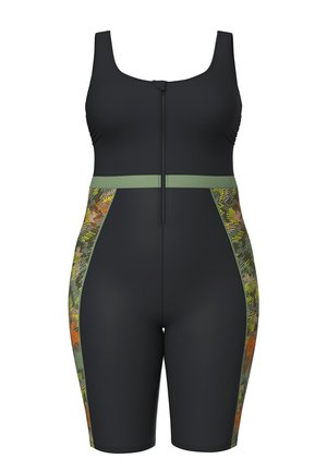 Costume intero nero senza maniche con cerniera frontale e pannelli laterali camouflage verde, arancione e giallo, con dettaglio in vita.