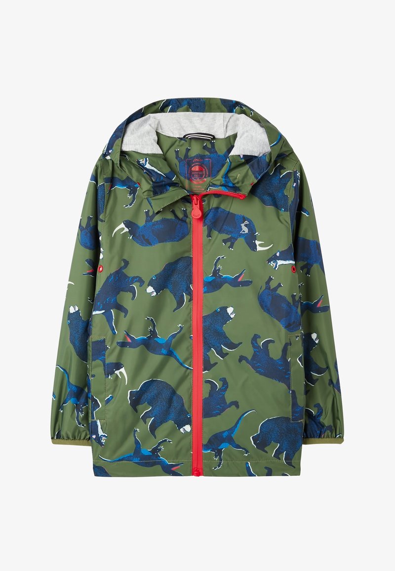 Veste de pluie verte pour enfants avec zip rouge, ornée de motifs de dinosaures et d'ours bleus, avec des poignets élastiques et une capuche attachée doublée en tissu gris.