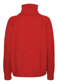 Raudonas megztinis su aukštu kaklu, ilgomis rankovėmis ir laisvu siluetu. Minkšta tekstūra, pritraukti rūbeliai ir apykaklė. Atgalinis vaizdas.
