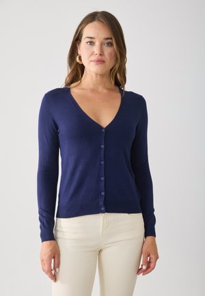 Cardigan boutonné bleu marine, tissu léger, design en V, manches longues, ourlet côtelé, comportant six boutons assortis à l'avant.