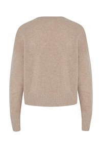 Maglione beige, corto, realizzato in morbido tessuto a maglia. Presenta un ampio scollo e polsini e orlo a coste. Vista posteriore, senza motivi visibili.