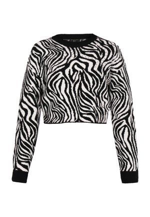 Maglione a colori bianco e nero con motivo a strisce zebrate, colletto e polsini a costine e texture morbida lavorata a maglia.