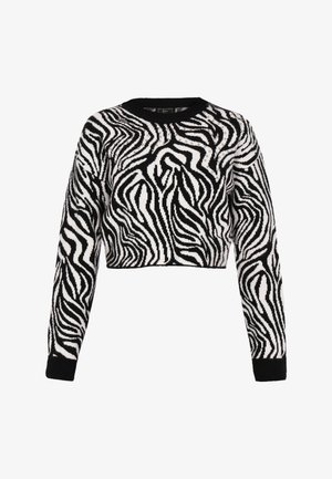 Maglione a colori bianco e nero con motivo a strisce zebrate, colletto e polsini a costine e texture morbida lavorata a maglia.