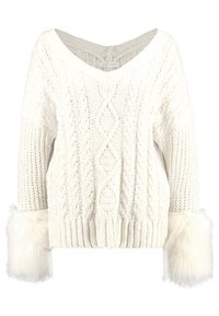 Pull blanc en maille avec col en V, motif torsadé, et poignets volumineux en fausse fourrure. Comprend un ourlet côtelé et un tissu texturé.