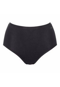 Schwarze, hoch taillierte Unterwäsche aus glattem Stoff, mit nahtlosem Bund und ohne sichtbare Nähte für ein sauberes Aussehen.