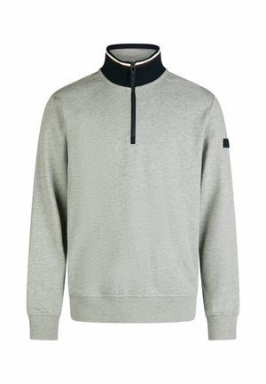 Light gray sweatshirt with a high collar and half zip, featuring a navy and white accent band at the collar and a textured finish.