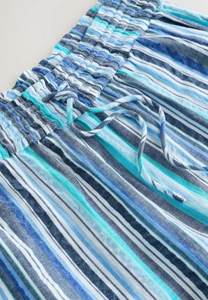 Triibulised lühikesed püksid erinevates sinise ja valge toonides. Neil on elastne vöökoht koos nööriga ning pehme ja tekstuuriga kangas.