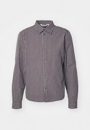Button-up shirt with long sleeves, vertical and horizontal navy and burgundy check pattern, collared neckline, and two front buttons.