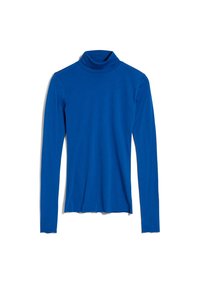 Modré dlouhé rukávy triko s rolákem, slim fit, s mírně volánkovými okraji na rukávech a spodním lemu.