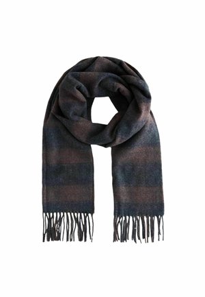 Wool scarf in dark blue and brown with a subtle striped pattern. Features fringed edges and soft, textured fabric.