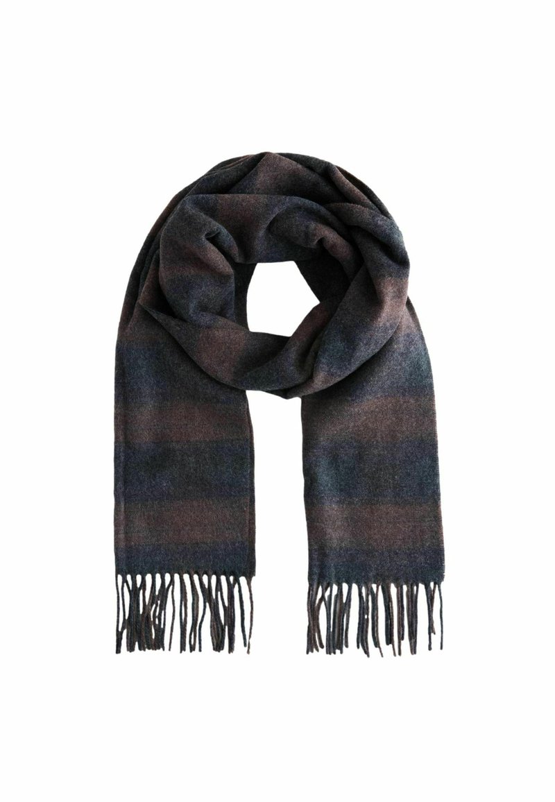 Bufanda de lana en azul oscuro y marrón con un sutil patrón de rayas. Presenta bordes con flecos y una tela suave y texturizada.