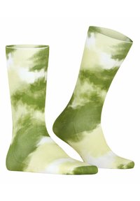 Grüne und beige Socken mit Wolkenmuster, geripptem Material, knöchelhoch und aus glattem, dehnbarem Stoff.
