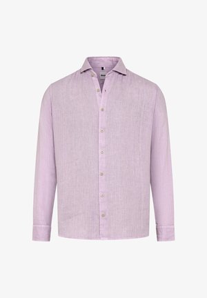 Chemise à manches longues violet clair avec col et boutons beiges, présentée de face sur un fond blanc.