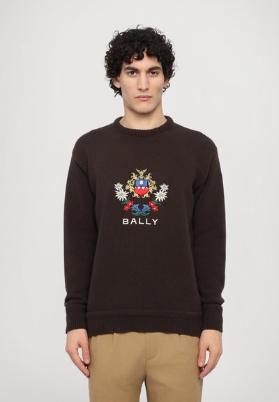 Brown knitted sweater with a crew neck, featuring colorful embroidered design with flowers and a shield, and "BALLY" text at the center.
