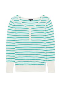 Haut à rayures à manches longues en turquoise et blanc, avec un décolleté rond, patte de boutonnage et poignets côtelés. Tissu doux en mélange de coton.