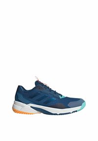 Urheilukengät, joissa on tummansininen verkkomateriaali teal-väreillä, valkoinen välipohja ja oranssi ulkopohja. Mukana nauhoitusjärjestelmä ja brändityritys.