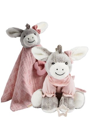 Two gray plush donkey toys with pink bows; one is a blanket with a pink teething ring, the other is a stuffed animal holding a star-shaped teether.