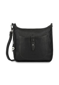 Schwarze Leder-Crossbody-Tasche mit strukturiertem Finish, kontrastierendem Nähen, Fronttasche mit Riemen und abnehmbarem Schultergurt.
