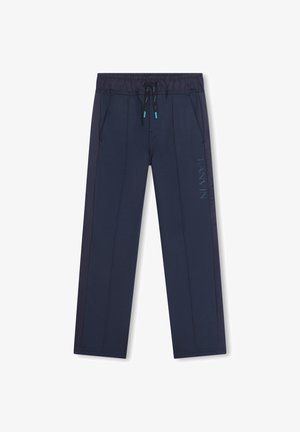 Jūras zila sporta bikses ar aukliņu jostasvietā, ar sānu kabatām un zīmola nosaukumu "LANVIN", kas tumši zilā krāsā iespiests priekšpusē.