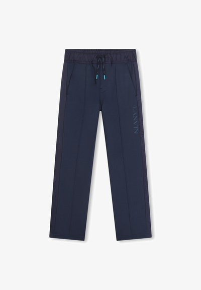 Jūras zila sporta bikses ar aukliņu jostasvietā, ar sānu kabatām un zīmola nosaukumu "LANVIN", kas tumši zilā krāsā iespiests priekšpusē.