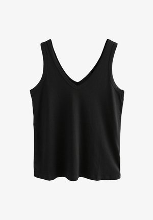 Schwarzes ärmelloses Oberteil mit tiefem V-Ausschnitt, aus weichem Stoff gefertigt. Einfaches Design ohne Muster, mit genähten Kanten und einer lockeren Passform.