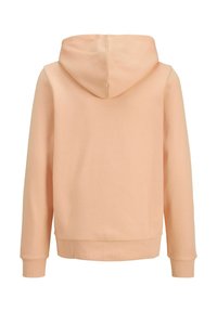 Jopica z kapuco barve breskve, iz mehkega blaga, s krožno kapuco, dolgimi rokavi in rebrastimi manšetami ter spodnjim robom. Minimalističen dizajn, brez vidnih vzorcev.
