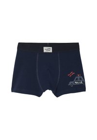 Dunkelblaue Boxershorts mit einem elastischen Bund. Mit einem Polizeiauto-Design, das Lichter und Geräusche hat, und kontrastierendem roten Text.