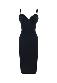 Abito midi nero aderente con coppe bustier imbottite, spalline sottili regolabili e tessuto liscio. Dettagli delle cuciture lungo il corpo.