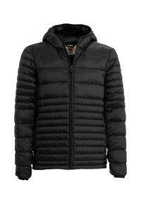 Giacca a vento nera con cappuccio, caratterizzata da un design trapuntato, cerniera frontale lunga e polsini elasticizzati. Il materiale è liscio, con una texture leggera.